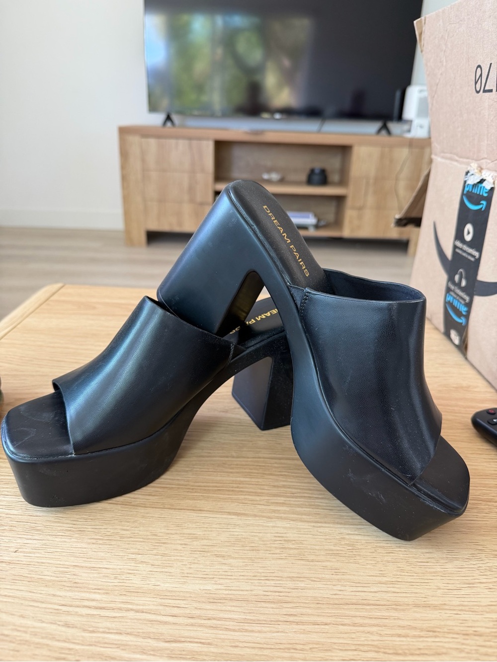 Black Open-Toe Platform Mule Heels